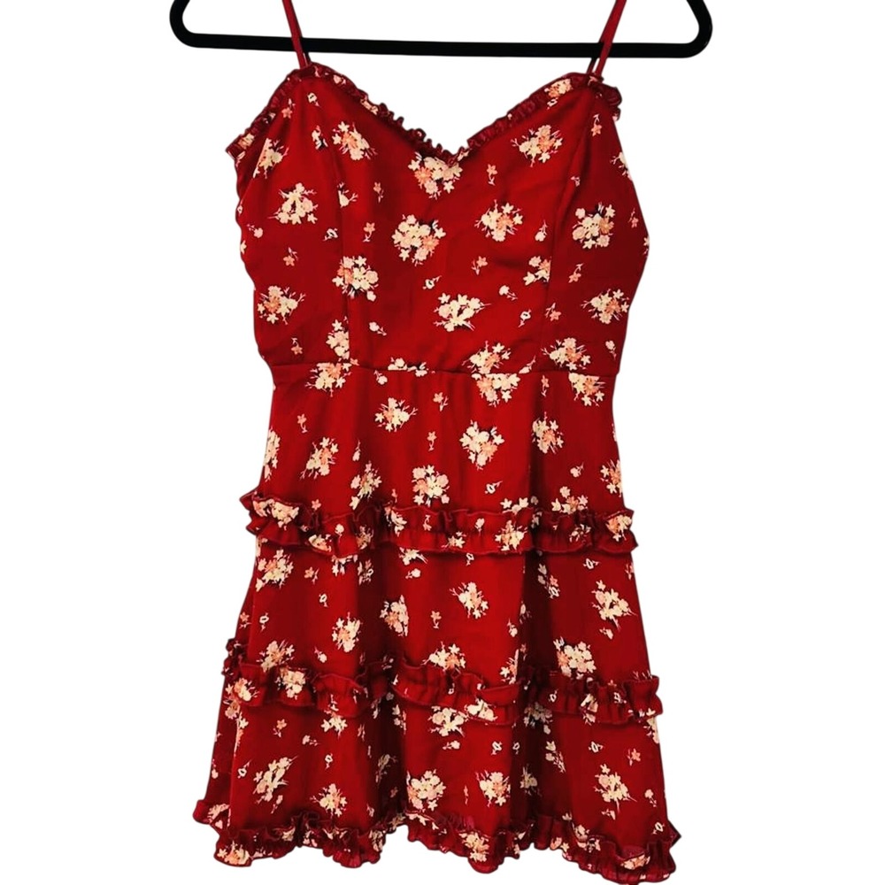 Blue Rain Red Floral Mini Dress Womens S Ruffle Tiered Summer